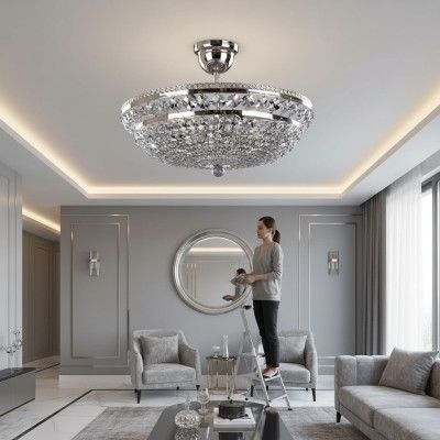 Rund Silber Luxus Deckenlampe Lüster Deckenleuchter Silber Kronleuchter Kristall