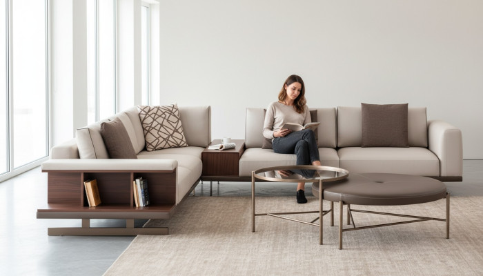 Modernes Beiges Ecksofa Luxus L-Form Couch Stoffsofas Wohnzimmermöbel