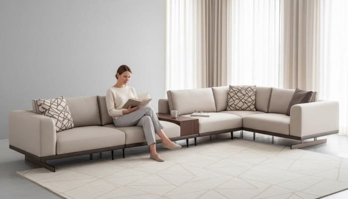 Großes Ecksofa Stoffmöbel L-Form Couchen Sofas Beige Wohnzimmermöbel