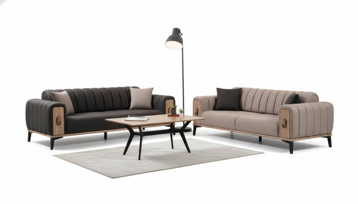 Braune Couchgarnitur 2x Dreisitzer Luxus Set Möbel Sofas Couchen Holzgestell