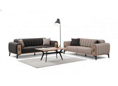 Braune Couchgarnitur 2x Dreisitzer Luxus Set Möbel Sofas Couchen Holzgestell