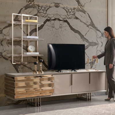RTV Lowboard TV Ständer Sideboard Beige Gold Wohnzimmer Set Regale Neu