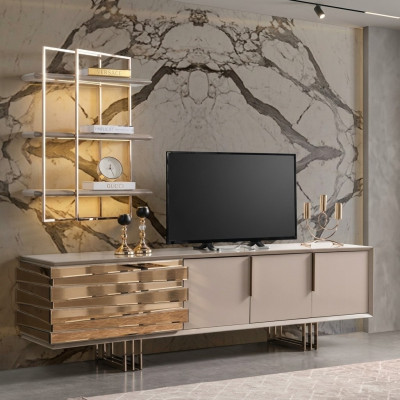 RTV Lowboard TV Ständer Sideboard Beige Gold Wohnzimmer Set Regale Neu