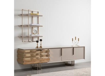 RTV Lowboard TV Ständer Sideboard Beige Gold Wohnzimmer Set Regale Neu