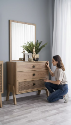 Komplette Kommode mit Spiegel Holz Braun 2tlg Kinderzimmer Schrank