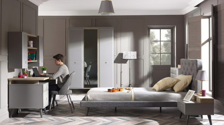 Jugendbett Schlafzimmermöbel Holzbett Komplette Bett Grau Set 5tlg