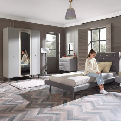 Komplette Jugendbett Schlafzimmermöbel Holzbett Bett Grau Set 4tlg