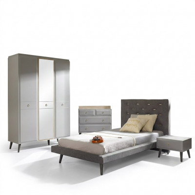 Komplette Jugendbett Schlafzimmermöbel Holzbett Bett Grau Set 4tlg