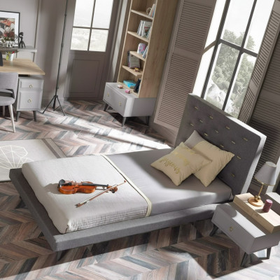 Kinderzimmer Garnitur Jugendbett Nachttisch Bett Holz Grau 100 cm 2tlg