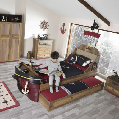 Garnitur Pirat Bettrahmen Jugendbett Holz Braun 3tlg Set Kinderzimmer