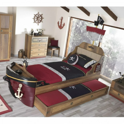 Garnitur Pirat Bettrahmen Jugendbett Holz Braun 3tlg Set Kinderzimmer
