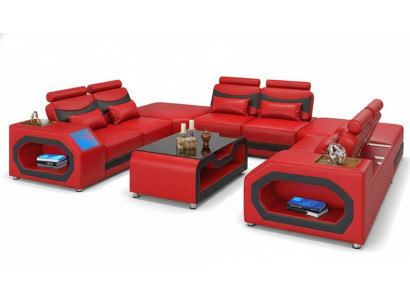 Design Wohnlandschaft Großes Sofa XXL U Form Ecksofa Ledersofa Rot LED