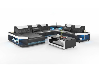 Großes Sofa Wohnlandschaft LED XXL U Form Ecksofa Ledersofa Schwarz