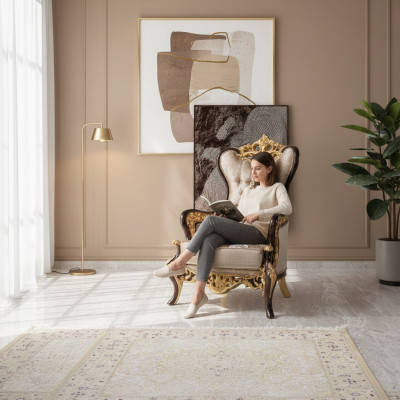 Ohrensessel Sessel Beige Barock Sitzer Stoff Polyester Wohnzimmer