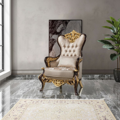Ohrensessel Sessel Beige Barock Sitzer Stoff Polyester Wohnzimmer