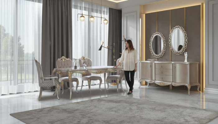 Komplette Essgruppe Tisch Sideboard Esszimmer Esstisch Holz Set 12tlg Beige