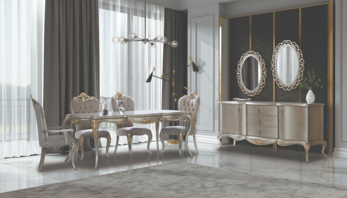 Komplette Essgruppe Tisch Sideboard Esszimmer Esstisch Holz Set 12tlg Beige