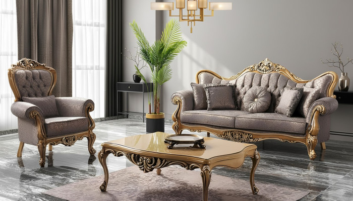 Chesterfield Sofagarnitur Dreisitzer Sessel Stoff Couchtisch Grau Sofa