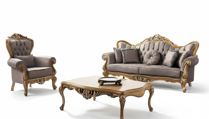 Chesterfield Sofagarnitur Dreisitzer Sessel Stoff Couchtisch Grau Sofa