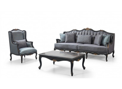 Chesterfield Sofagarnitur Dreisitzer Sessel Stoff Couchtisch Blau Neu