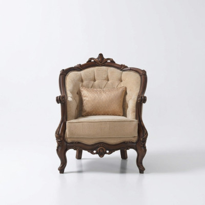 Sessel Ohrensessel Sitzer Stoff Beige Polyester Holz Wohnzimmer Barock