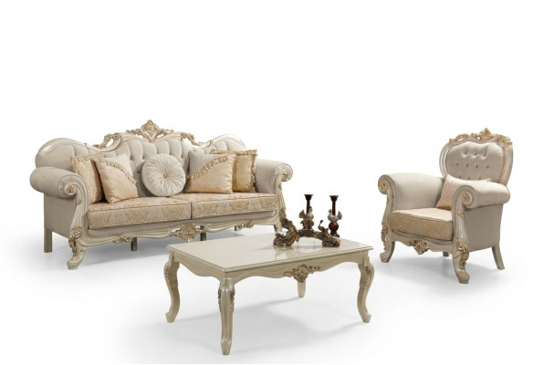 Couch Polstersofa Sofa Sofagarnitur Stoffsofa Beige Chesterfield Set Sofas