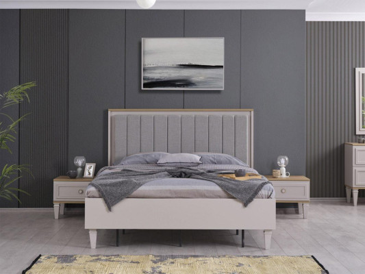 Modern Schlafzimmer Garnitur Doppelbett Bett Nachttische Grau Holz Set 5tlg
