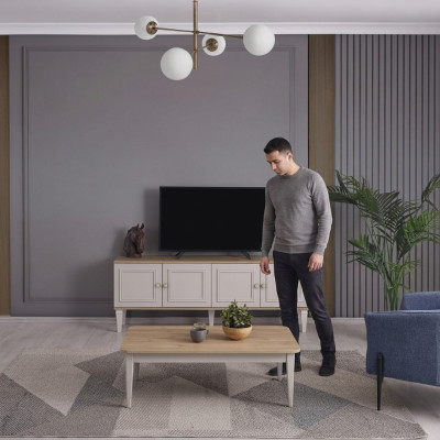Garnitur Wohnzimmer TV Ständer Couchtisch Holz Grau RTV Lowboard Set