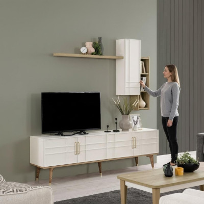 Garnitur TV Ständer Schrank RTV Lowboard Wohnzimmer Regale Weiß Holz