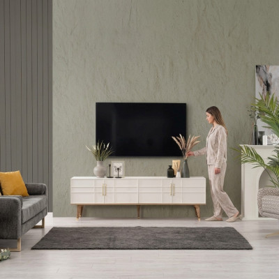 Lowboard TV Ständer Sideboard Modern Schrank RTV Wohnzimmer Weiß Holz