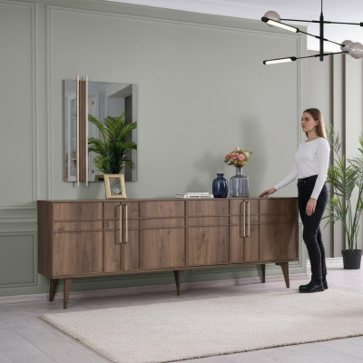 Garnitur Sideboard mit Spiegel Kommode Holz Braun Esszimmer