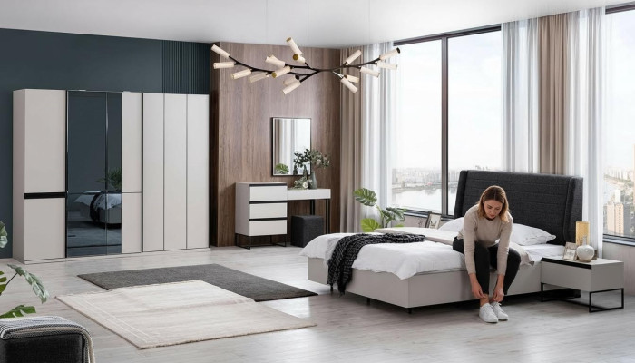 Schlafzimmer Garnitur Doppelbett Bett Nachttische Holz Set 7tlg Weiß