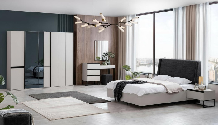 Schlafzimmer Garnitur Doppelbett Bett Nachttische Holz Set 7tlg Weiß