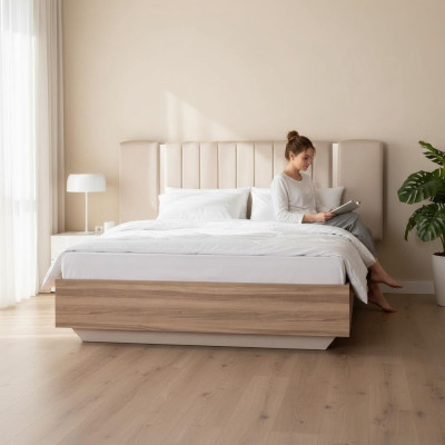 Bettrahmen Bett Doppelbett mit Bettkasten Beige Stoff Luxus Modern