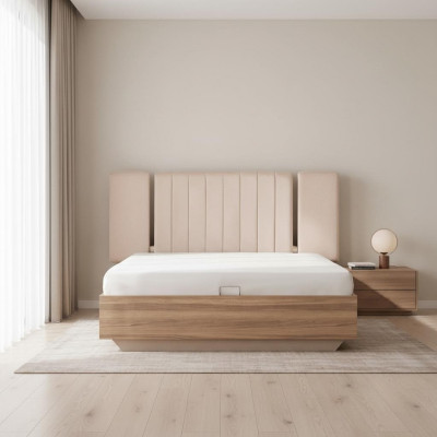 Bettrahmen Bett Doppelbett mit Bettkasten Beige Stoff Luxus Modern