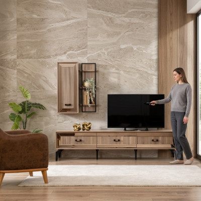 Garnitur TV Ständer Schrank RTV Lowboard Wohnzimmer Regale Gold Holz