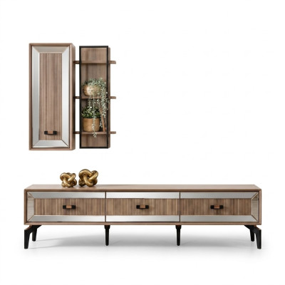 Garnitur TV Ständer Schrank RTV Lowboard Wohnzimmer Regale Gold Holz