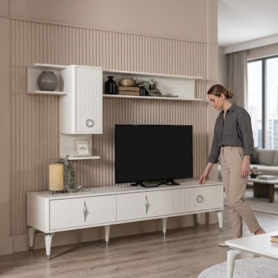 Komplette TV Ständer Schrank RTV Lowboard Wohnzimmer Regale Weiß Holz