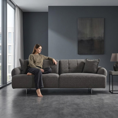 Dreisitzer Sofa 3 Sitzer Polstersofa Grau Stoff Polyester Couch Modern Neu