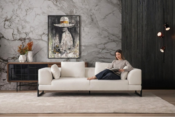 Dreisitzer Sofa 3 Sitzer Polstersofa Weiß Stoff Stoffsofa Holz Sofas