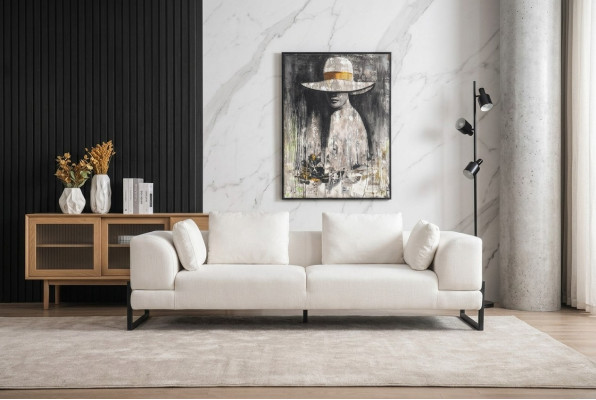 Dreisitzer Sofa 3 Sitzer Polstersofa Weiß Stoff Stoffsofa Holz Sofas