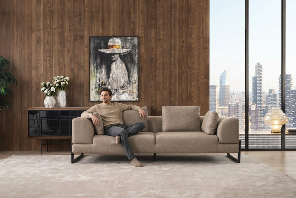 Sofa Dreisitzer 3 Sitzer Polstersofa Grau Stoff Stoffsofa Holz Sofas