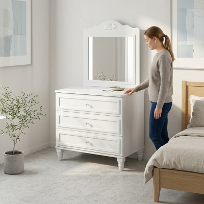 Garnitur Kommode mit Spiegel Holz Schlafzimmer Weiß Set Konsolentisch