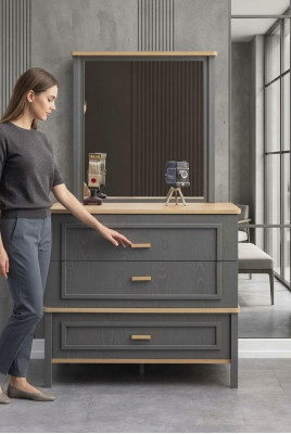 Garnitur Kommode mit Spiegel Holz Schlafzimmer Grau Set Konsolentisch