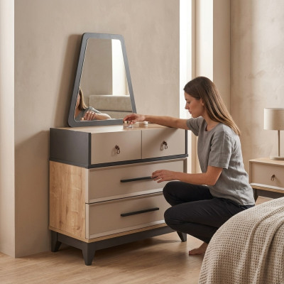 Gruppe Kommode Garnitur mit Spiegel Holz Kinderzimmer Beige Konsole