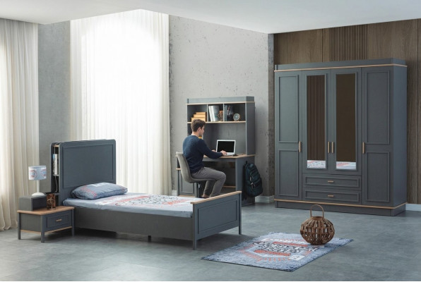 Garnitur Kinderzimmer Bett Kinderbett Kindermöbel Grau Holz Set 4tlg