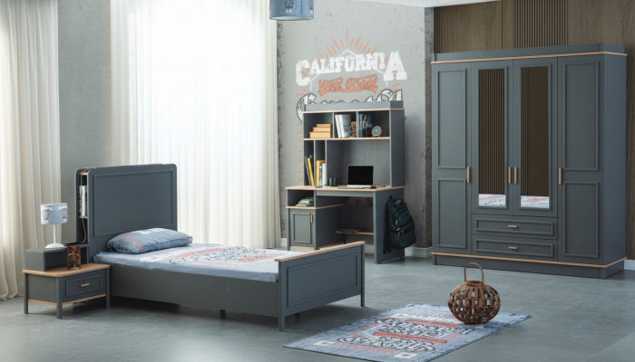 Garnitur Kinderzimmer Bett Kinderbett Kindermöbel Grau Holz Set 4tlg
