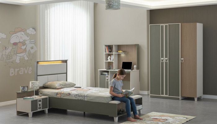 Kindermöbel Garnitur Kinderzimmer Bett Kinderbett Grau Holz Set 4tlg