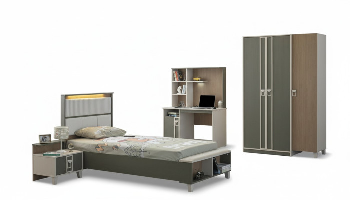 Kindermöbel Garnitur Kinderzimmer Bett Kinderbett Grau Holz Set 4tlg