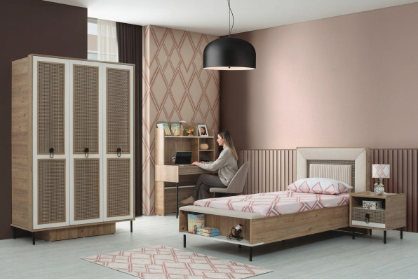 Kindermöbel Garnitur Kinderzimmer Bett Kinderbett Braun Holz Set 4tlg